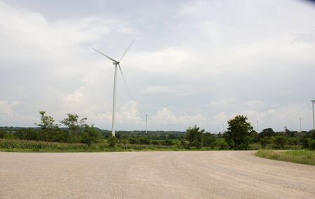 The wind power generator located in the corn field has a dirt road through it.の写真素材