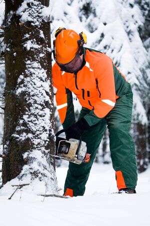 a woodcutter at work in the winter forestの写真素材