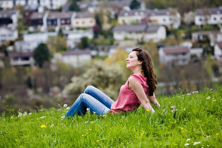 the outdoor portrait of a young womanの写真素材