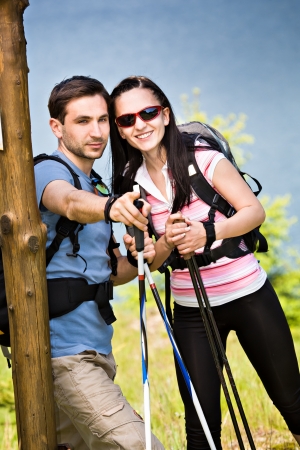 young couple hiking in the wilde natureの写真素材