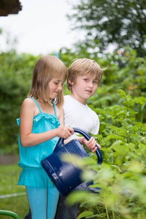 children working in the gardenの写真素材
