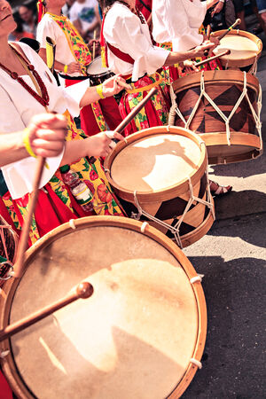 A drums band on the street. Scenes of Samba parade.の写真素材