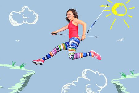 woman running in the mountains in unrealistic cartoon style