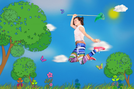 woman hunting butterfly in unrealistic cartoon styleの写真素材