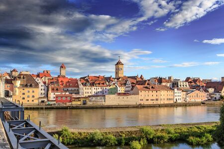 Danube river bank in Regensburg, Bavaria, Germanyの写真素材