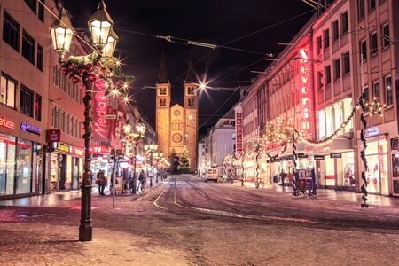 WUERZBURG, BAVARIA, GERMANY - Circa December 2014: Street of Wuerzburg town at nightのeditorial素材