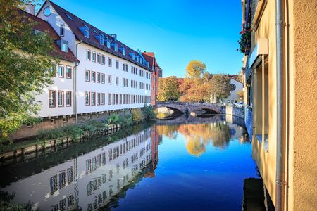 The riverside of Pegnitz river in Nuremberg town, Germanyの写真素材