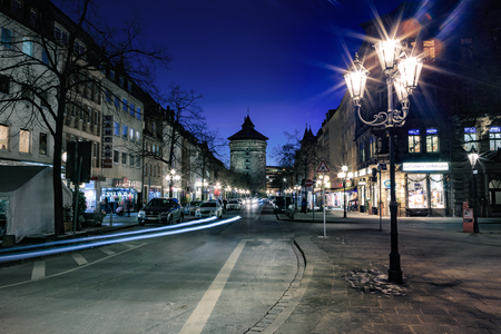 NUREMBERG, GERMANY - CIRCA OCTOBER, 2016: The streets of Nuremberg town by night, Germanyのeditorial素材