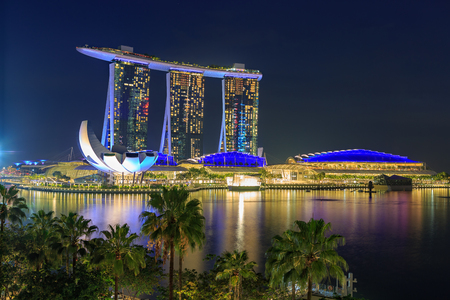 Marina Bay Sands Hotel of Singapore town by night, Singapore.のeditorial素材