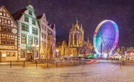 ERFURT, GERMANY - CIRCA DECEMBER, 2018:  Christmas market by Cathedral of Erfurt at night, Erfurt, Germanyのeditorial素材
