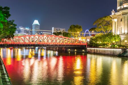 SINGAPORE, SINGAPORE - CIRCA SEPTEMBER, 2017: The Anderson Bridge at Clarke Quay of Singapore town by night, Singapore.のeditorial素材