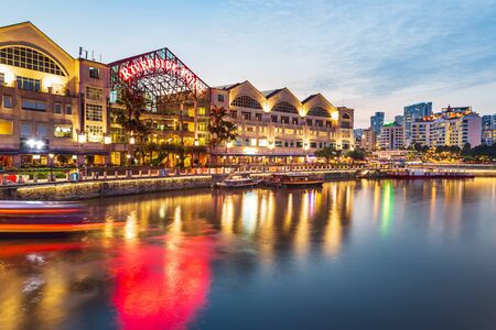 SINGAPORE, SINGAPORE - CIRCA SEPTEMBER, 2017:  Clarke Quay of Singapore town by night, Singapore.