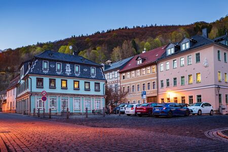 SONNEBERG, GERMANY - CIRCA APRIL, 2019:  Kleiner Markt alias Little Market of Sonneberg town in the evening, Thuringia, Germanyのeditorial素材