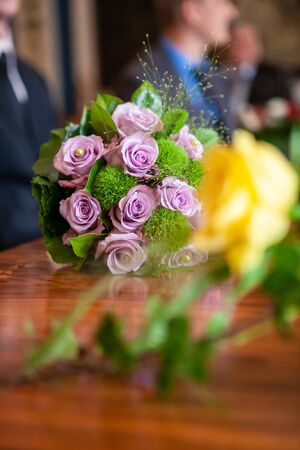 wedding ceremony still life scene with flowersの写真素材