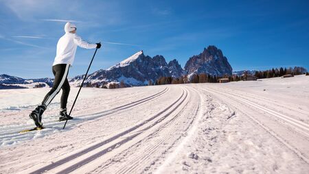 The skiing area Groeden with St. Ulrich, St. Christina and Wolkenstein areas in Dolomite Alps, South Tyrol, Italyの写真素材