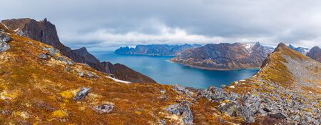 The landscape view of Senja Island from mountain Husfjellet in Norway