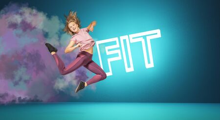 a young girl in sport dress by dancing aerobics or fitness exercise