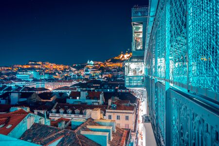 Elevador de Santa Justa in Lisbon town by night, Portugal.