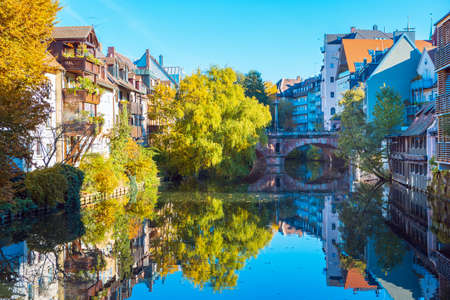 NUREMBERG, GERMANY - CIRCA OCTOBER, 2016: The riverside of Pegnitz river in Nuremberg town, Germany