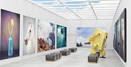 A robot while visiting an art gallery with canvas on the wall, 3D illustrationの写真素材