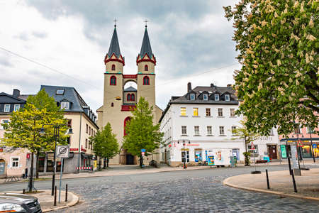 HOF, GERMANY - CIRCA MAY, 2020: The Altstadt street in old town of Hof and St. Michaelis church, Bavaria, Germanyのeditorial素材