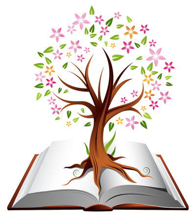 Illustration of a tree with coloured leaves growing out of an open bookのイラスト素材