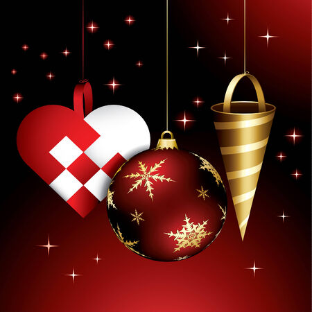 A christmas design with a woven heart, a bauble and a golden paper coneのイラスト素材