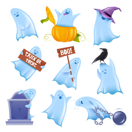 Set of 9 happy halloween ghosts in various situationsのイラスト素材