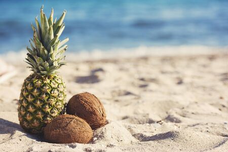 a pineapple and two coconuts on the beach sandの写真素材
