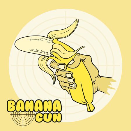 Cartoon drawing of a hand pointing with a banana gun. This is a cartoon, robbery, murder, criminal concept.のイラスト素材