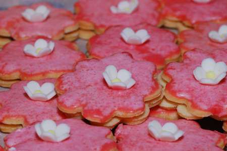 sweet tasty pink cracker with white flower at christmas の写真素材