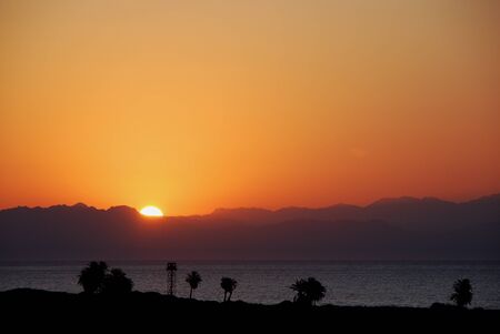 Sunrise on the sea in Egypt with Palm trees and mountains leftの写真素材