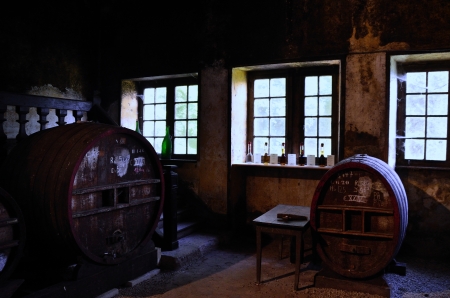 many old wooden barrels and bottles in the wine cellarのeditorial素材