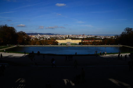 schoenbrunn palace in vienna with pond and blue skyのeditorial素材