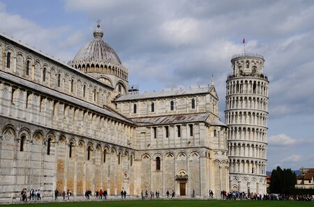 Detailed view from Leaning Tower of Pisa and Cathedral with touristsの写真素材