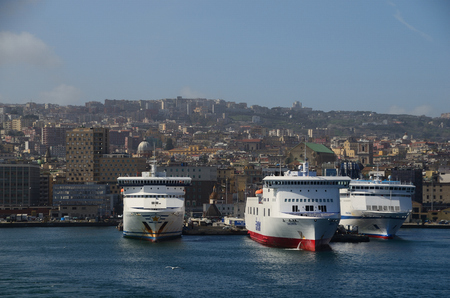 large ships and many homes in the port of Naples Italyのeditorial素材
