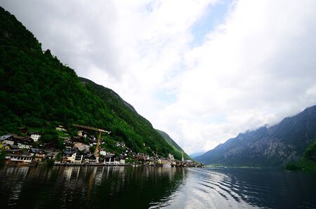 Lake Hallstatt in Austria wide angle viewの写真素材