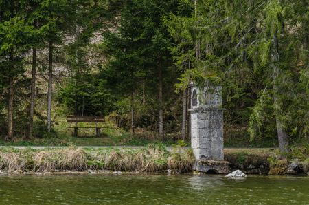 holy stock between trees on shoreの写真素材