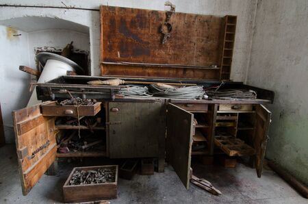 old workbench in an abandoned factory