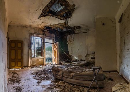 old forest house and collapsed ceiling panorama viewの写真素材