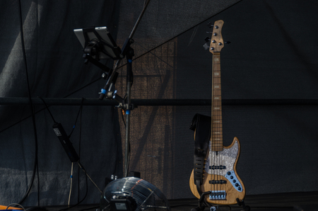 bass guitar on stage before a concertの写真素材