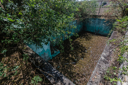 abandoned old swimming pool with leavesの写真素材