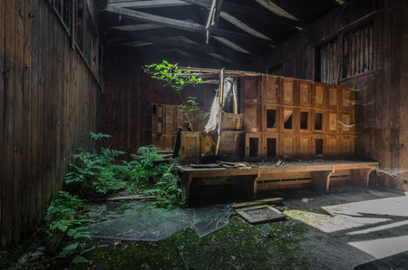 Changing rooms in abandoned forest bath panorama viewの写真素材