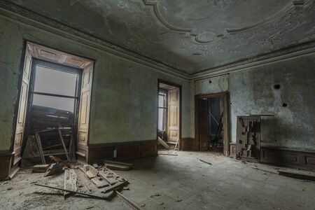empty room with decorated ceiling in a castleの写真素材