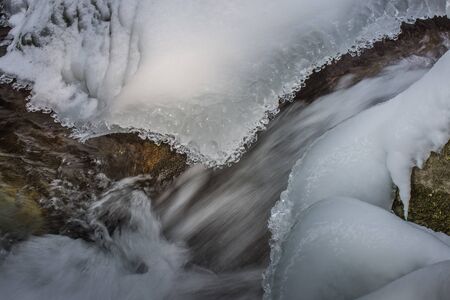 fast flowing water and ice in winter