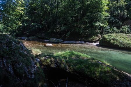 natural landscape with water and trees while hiking in summer