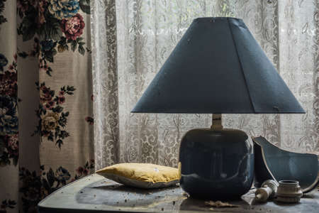 blue lamp and a curtain with flowers in a houseの写真素材