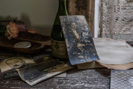 old photos black and white in a room from a abandoned houseの写真素材