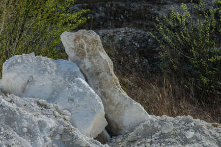 large rocks in a lime quarry with shrubsの写真素材