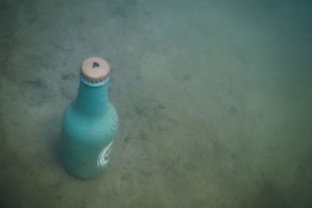 beer bottle at the ground from a lake while diving view from above